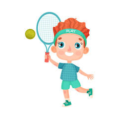 Cute Boy Character with Headband Playing Tennis Vector Illustration