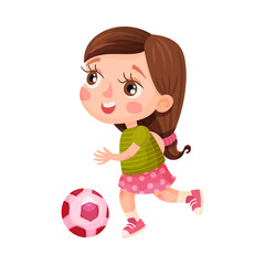 Cute Girl Character Wearing Trainers Playing Football Vector Illustration
