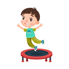 Excited Boy Character in Sportswear Jumping on Trampoline Vector Illustration