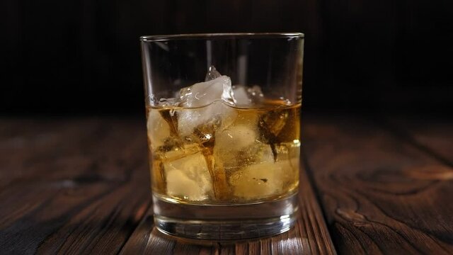 Glass of whiskey with ice on wooden table. Copy space. A glass of whiskey with ice on a wooden background in the dark with artificial lighting.