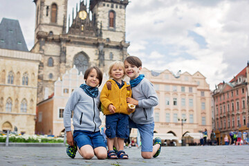 Cute child, boy, visiting Prague after the quarantine Covid 19