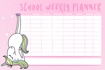 School timetable with cute unicorn doodle. Vector school timetable chalk sketch schedule, education.