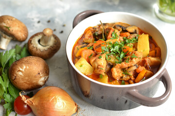 Stew with chicken, potatoes, onions, mushrooms, tomatoes and carrots, and parsley. Vegetable stew. Light background.