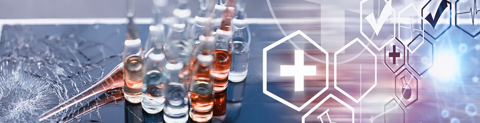 Test tubes with drugs and tests to test the victims and treat the infected. Ampoules with medicines. Set of test tubes with medicine.