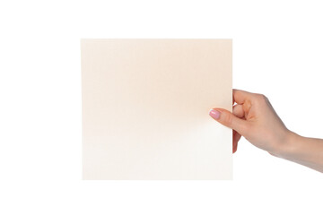 Woman's hand showing white paper banner isolated on white