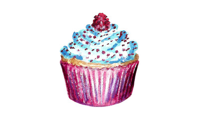 Watercolor sweets isolated on white background. Bright cupcake. Delicious and tasty dessert. Hand drawn illustration for cafe or restaurant menu and decoration