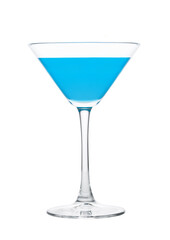 Blue lagoon cocktail with vodka and blue curacao liqueur in martini glass isolated on white background.