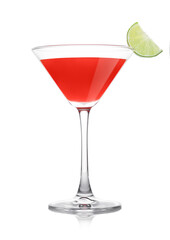 Cosmopolitan cocktail in classic crystal glass with lime slice on white.