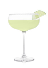 Luxury crystal glass of Margarita cocktail with fresh lime slice on white.