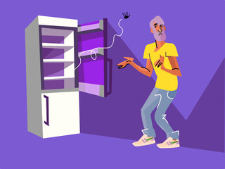 Cute bright illustration of old man with beard near empty fridge with no products. Hungry person orders and online food delivery via Internet and wait for order at home. Online grocery shopping