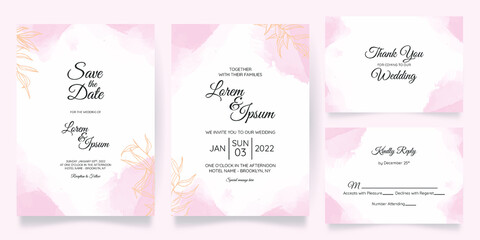 Fototapeta na wymiar watercolor creamy wedding invitation card template set with golden floral frame