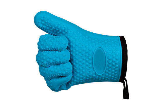 Blue Rubber Gloves For Grilling With Finger Up.