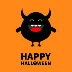 Happy Halloween. Monster silhouette. Cute cartoon kawaii sad character icon. Horns, eyes, hands. Funny baby collection. Black color. Flat design. Orange background. Isolated.
