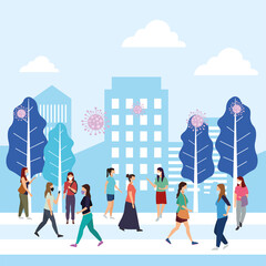 group of young women wearing medical masks on the city characters