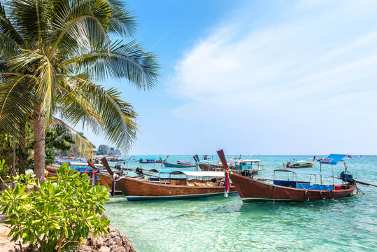 long-tail boats and Beautiful Andaman sea in Phi Phi Island,Phuket,Thailand