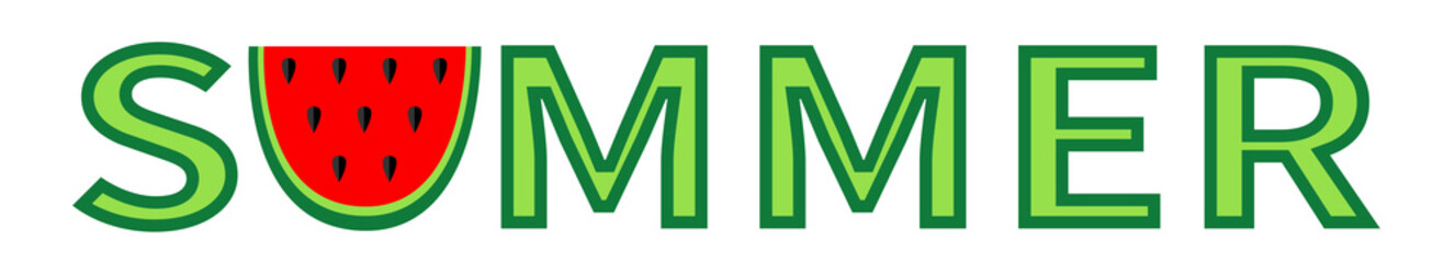 Watermelon icon letter. Hello summer text. Whole ripe green stem. Slice cut half seeds. Green Red fruit berry flesh peel. Natural healthy food. Tropical fruits. White background. Isolated.