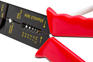 Heavy Duty Crimping Pliers. Tool to cut and strip electrical wires for working purposes. Isolated...