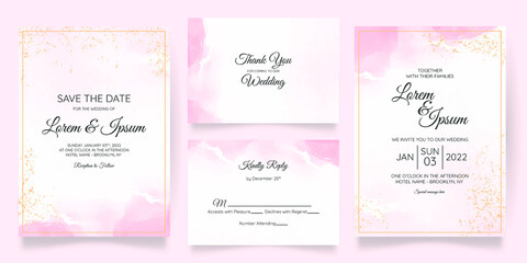 watercolor creamy wedding invitation card template set with golden floral frame