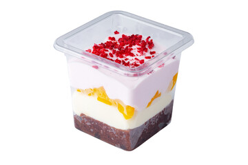 Mousse dessert in takeaway plastic cup isolated on white