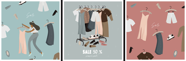 Seasonal sale, discounts. Set of posters with everyday fashionable things: clothes and shoes for seasonal discounts and summer clothing sales. Nice vector flat illustration in cartoon style. 