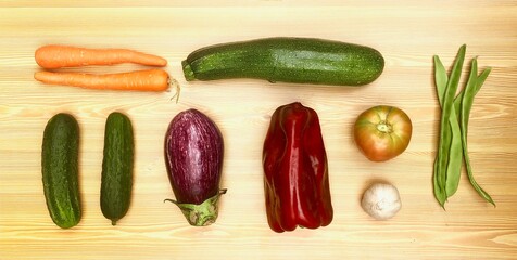 Composición verduras frescas de la huerta: pimiento, pepino, berenjena, zanahorias, ajo, judias verdes, tomate. Sobre fondo madera clara mesa.