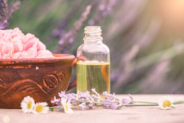 Essential oil bottles on medicinal flowers and herbs background, selective focus, shallow. Essential oils and medical flowers herbs.