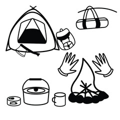 vector illustration of camping icons. Vector image of camping. Set of: tents, ax, backpack, cup, canned food, pots, gloves and a bonfire. Separate on a white background. Black-white vector icons.