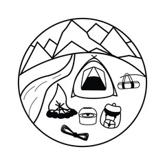 set of camping icons. Vector black and white image in a circle. Illustration of camping in the mountains. Camping with a tent by the fire, without civilization. Isolated on white background. 