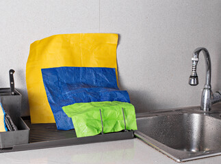 Reusable Beeswax Food Wraps. Organic fabric covers for food storage. Lifestyle photos , kitchen with food