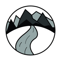 Vector image in a circle. Illustration of mountains and river. The logo of nature without civilization. Separate on white background. The logo is suitable for printing, for advertising, for interior.