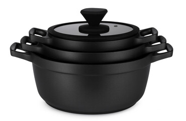 New set of black saucepans isolated on white
