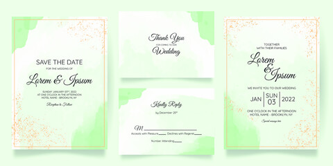 watercolor creamy wedding invitation card template set with golden floral frame