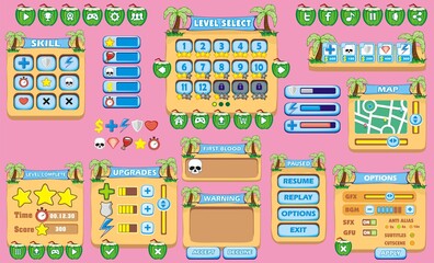Fototapeta na wymiar beach Platform Game User Interface For Tablet, Illustration of a platform game user interface, in cartoon style with basic buttons and icons for tablet pc