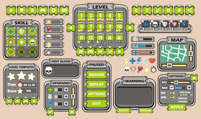 Platform Game User Interface For Tablet, Illustration 
of a platform game user interface, in cartoon style with 
basic buttons and icons for tablet pc