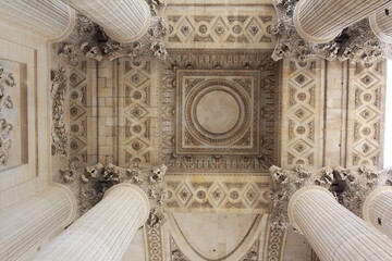 Bas-reliefs below the peristyle alongside the Corinthian columns of the Pantheon in Paris