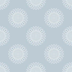 Sunflowers. Vector seamless pattern. Simple flat style. Abstract white elements on a gray background. For backdrops decoration, banners, packings, textiles, paper, fabrics, and more creatives designs.