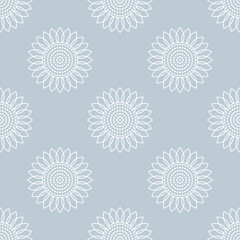 Sunflowers. Vector seamless pattern. Simple flat style. Abstract white elements on a gray background. For backdrops decoration, banners, packings, textiles, paper, fabrics, and more creatives designs.
