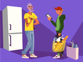 Cute illustration of happy old man receive gifts online delivery at home. Delivery man brings grocery and food products via online delivery from supermarket. Phone payment