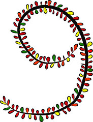 Vector image. Hand-drawn number 9. Arabic numeral. A black tree branch and bright multicolored autumn foliage. Leaves of a Bush. Autumn mood. Calligraphy and inscriptions. Eco, nature theme