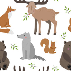 Seamless vector pattern with brown bear, squirrel, fox, wolf and moose on a white background. 