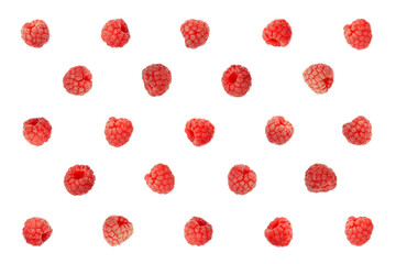 Ripe raspberries seamless pattern. Raspberries isolated on a white background. Raspberry collection, flat lay. Tropical abstract background. Raspberries on white. Collection. Top view.