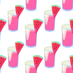 Seamless pattern with pink cocktail glasses with watermelon slices. Hand drawn illustration on white background.