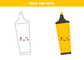 Handwriting practice for preschoolers with cute kawaii highlighter.