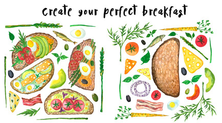Sandwiches and ingredients watercolor illustration for perfect breakfast