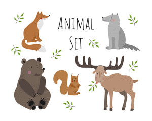 Vector collection with animals on a white background. Illustration with cute animals for children. 
