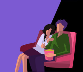 Cute flat illustration of young romantic couple in the cinema. Man with popcorn watch horror movie with scared girlfriend. Film entertainment. People go on date to see blockbuster film and buy ticket