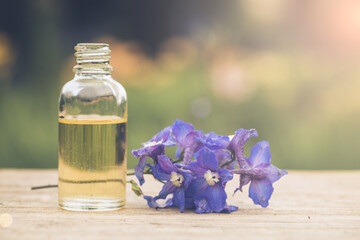 Herbal aroma oil bottle with various drugplant flowers, wooden surface, nature background in blur. Soft focus. Pure natural beauty care.