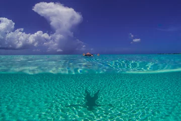 Crédence de cuisine en verre imprimé Plage de Seven Mile, Grand Cayman Une jeune femme aime nager dans la mer des Caraïbes parfaitement bleue sur Seven Mile Beach à Grand Cayman