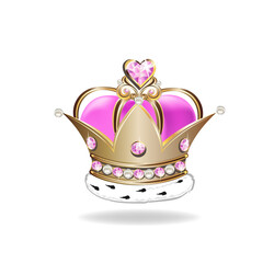 Beautiful golden princess crown with pearls and pink jewels. Realistic illustration. Vector illustration on white background. © liana2012