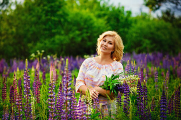 Young beautiful girl holding a large flower with purple lupine in a flowering field. Blooming...